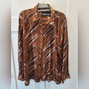 Anthony Mark Hankins Collection Sequin Blouse Brown Gold L Sparkle Button Down